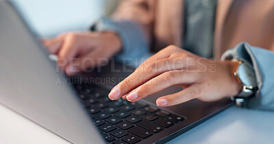 Buy stock photo Typing, info and hands with laptop in business, administration and project management with research. Office manager, schedule and person with technology, financial update and budget review on website