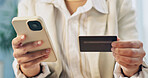 Phone, online shopping and hands with credit card in business, banking and employee with membership. Ecommerce, transaction and person with mobile for digital payment, finance and discount in office