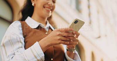 Buy stock photo Cellphone, happy and businesswoman in city with texting, feedback and email for finance report. Smile, technology and hands of financial advisor with phone for update on investment growth in town
