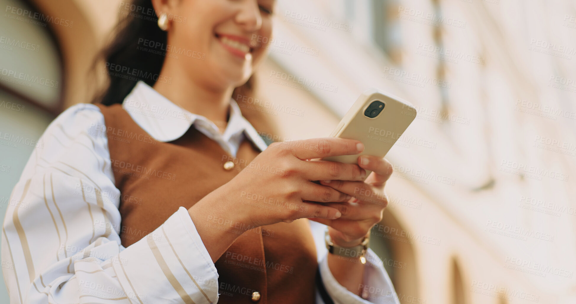 Buy stock photo Cellphone, happy and businesswoman in city with texting, feedback and email for finance report. Smile, technology and hands of financial advisor with phone for update on investment growth in town