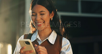 Buy stock photo Phone, happy and businesswoman in city with texting, feedback and email for finance report. Smile, technology and financial advisor with cellphone for update on investment growth in urban town.