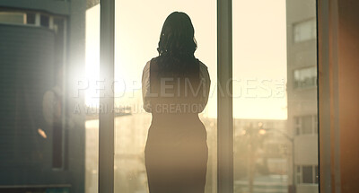 Buy stock photo Think, window or back of businesswoman in office with planning, decision or choice on finance career. Problem solving, flare and financial manager with reflection on job opportunity in workplace.