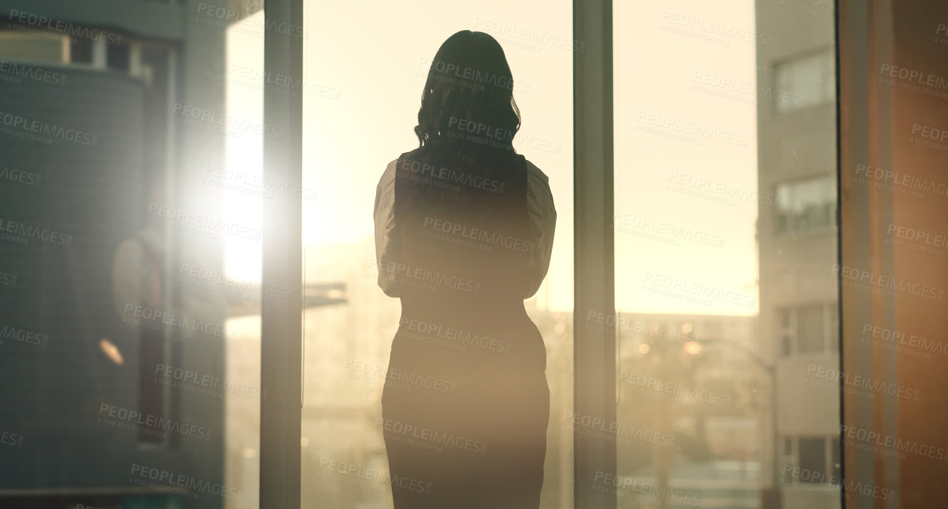 Buy stock photo Think, window or back of businesswoman in office with planning, decision or choice on finance career. Problem solving, flare and financial manager with reflection on job opportunity in workplace.