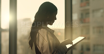 Buy stock photo Tablet, office or business woman with email for commercial real estate, sales or rental lease. Tech, reading or female person in company for property development, report or review listing on internet
