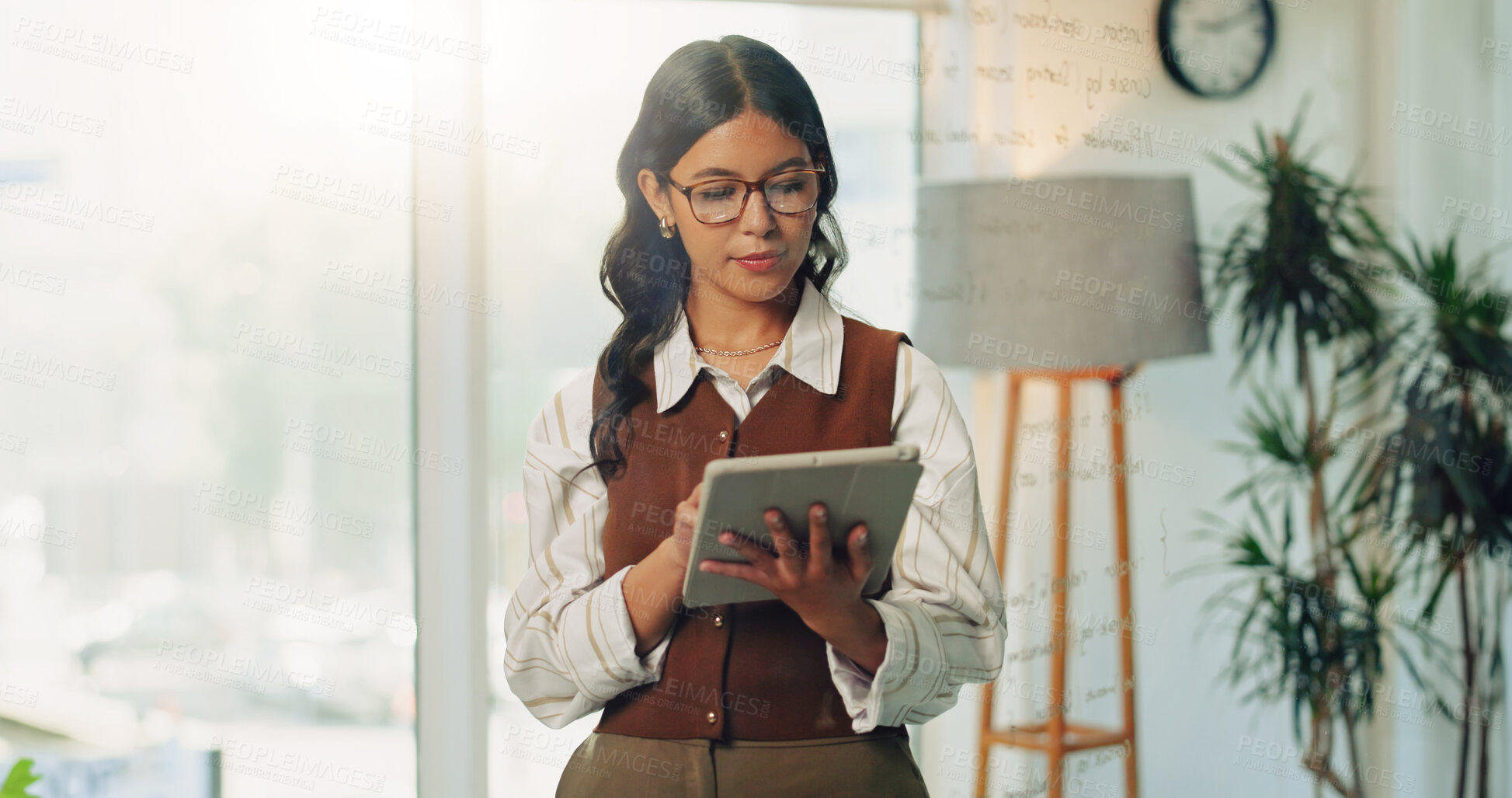 Buy stock photo Tablet, reading or business woman in office for commercial real estate, sales or rental lease. Tech, glass wall or person in company for property development, report or review listing on internet