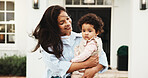 Happy, mother and baby in front yard with new house, bonding together and relocation for fresh start. Woman, smile and carry infant daughter outdoor by dream home with family moving, love or wellness
