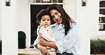 Portrait, mother and baby in front yard with new house, bonding together and moving for fresh start. Happy, woman and infant daughter outdoor by home with family relocation, connection and wellness.