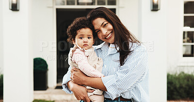 Buy stock photo Portrait, mother and baby in front yard with new house, bonding together and moving for fresh start. Happy, woman and infant daughter outdoor by home with family relocation, connection and wellness.