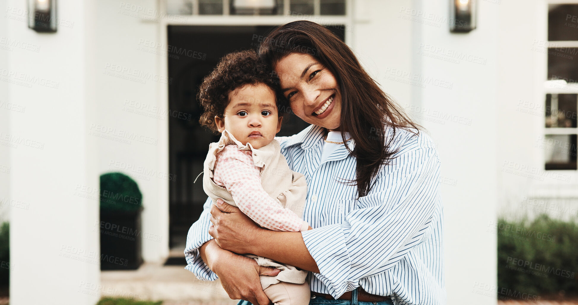 Buy stock photo Portrait, mother and baby in front yard with new house, bonding together and moving for fresh start. Happy, woman and infant daughter outdoor by home with family relocation, connection and wellness.