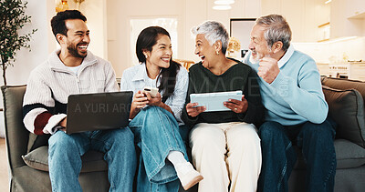Buy stock photo Technology, excited and couple with senior parents on sofa for playing video game together. Laptop, tablet and people with elderly mom and dad for online gaming in living room at house on weekend.