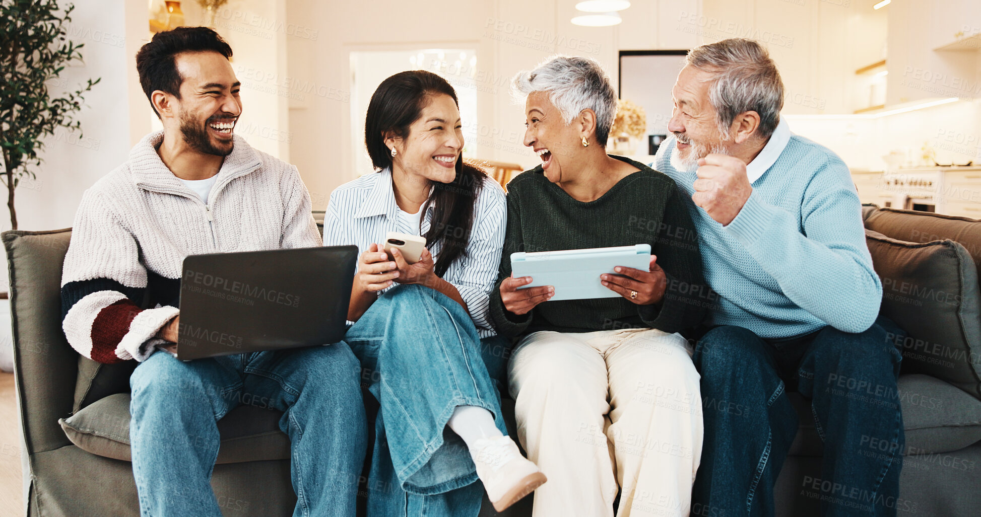 Buy stock photo Technology, excited and couple with senior parents on sofa for playing video game together. Laptop, tablet and people with elderly mom and dad for online gaming in living room at house on weekend.
