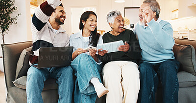 Buy stock photo High five, conversation and couple with senior parents on sofa for playing video game together. Excited, laptop and people with elderly mom and dad for online gaming in living room at apartment.