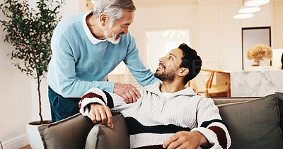 Buy stock photo Advice, old man and talking to adult son in home living room for bonding, support or visit. Conversation, love and smile of person speaking to senior parent on sofa in apartment for family connection