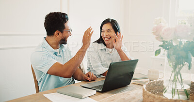 Buy stock photo High five, happy and couple with laptop in home for budget planning, good news or investment profit. Celebration, technology and man with woman on computer for finance payout together in apartment.