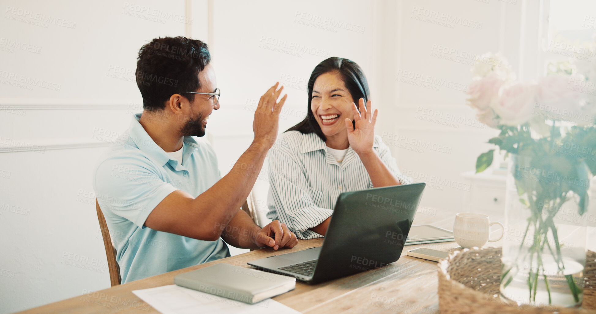 Buy stock photo High five, happy and couple with laptop in home for budget planning, good news or investment profit. Celebration, technology and man with woman on computer for finance payout together in apartment.