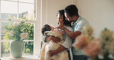 Buy stock photo Father, mother and sleeping baby in home living room together for bonding or family security. Affection, care and love of happy parents for infant child in apartment for safety, trust or wellness