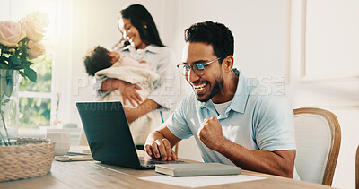 Buy stock photo Fist pump, laptop and remote work with happy man in family home for celebration, success or victory. Achievement, computer and excited father at table in apartment as small business freelancer