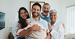 Grandparents, portrait and family with baby in home, smile and laugh with child on weekend and love. Senior parents, visit and happy people with little girl, embrace and connection together in house