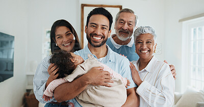 Buy stock photo Grandparents, portrait and family with baby in home, smile and laugh with child on weekend and love. Senior parents, visit and happy people with girl, embrace and generations together in house