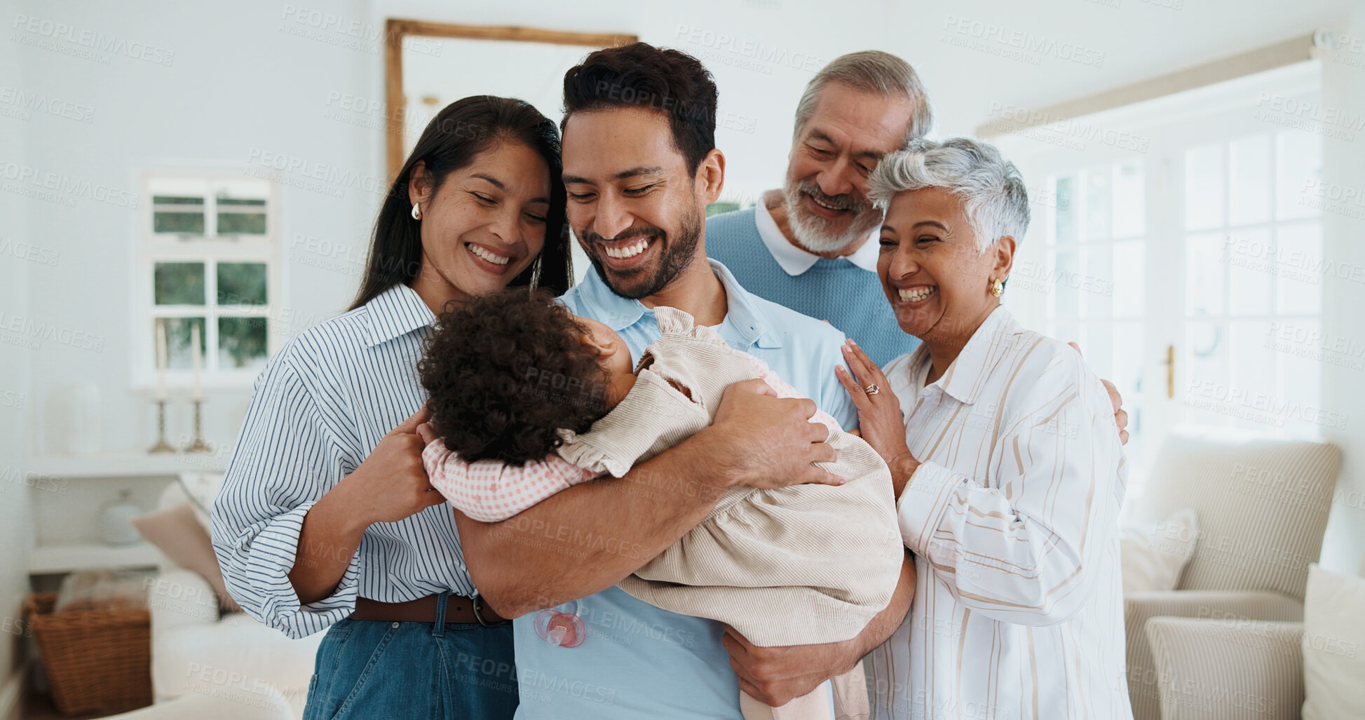 Buy stock photo Grandparents, laughing and family with baby in home, smile and visit with child on weekend and love. Senior parents, generations and happy people with girl, embrace and connection together in house