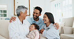 Family, visit and grandma with baby in home, smile and laugh with child on weekend or love in lounge. Happy people, bonding and senior mother with little girl, hug and connection together in house