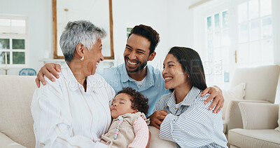 Buy stock photo Family, visit and grandma with baby in home, smile and laugh with child on weekend or love in lounge. Happy people, bonding and senior mother with little girl, hug and generations together in house