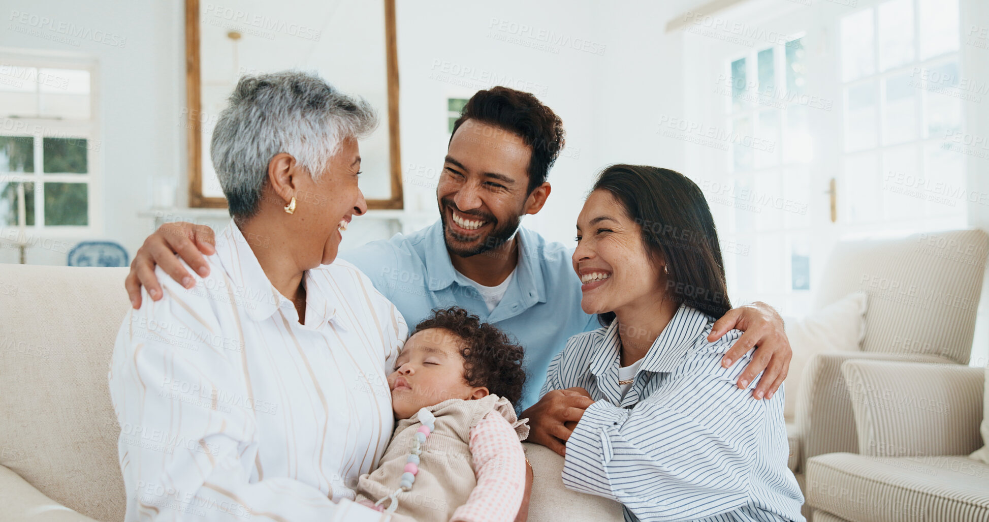 Buy stock photo Family, visit and grandma with baby in home, smile and laugh with child on weekend or love in lounge. Happy people, bonding and senior mother with little girl, hug and generations together in house