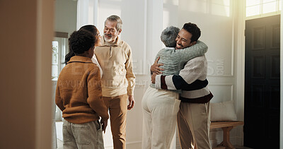 Buy stock photo Child, parents and senior people hug in home together for bonding, security or weekend visit. Break, connection and happy family embracing in apartment for affection, generations or retirement