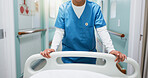 Nurse, hands and push hospital bed in corridor for healthcare assistance, inpatient care and service. Medical worker, person and gurney in clinic hallway for emergency, wellness or journey to surgery