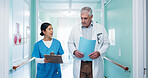 Doctor, nurse and talk in hospital with clipboard, check schedule and appointment for patient care. Manager, people and discussion in clinic hallway with checklist, healthcare agenda or collaboration