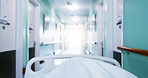 Medical, trolley and patient in bed at hospital, admission and emergency for urgent surgery. Pov, moving and transfer person in hallway with stretcher, critical care and operation room for healthcare