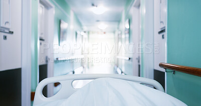 Buy stock photo Medical, trolley and patient in bed at hospital, admission and emergency for urgent surgery. Pov, moving and transfer person in hallway with stretcher, critical care and operation room for healthcare