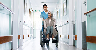 Buy stock photo Push, wheelchair and nurse in hospital with old woman, healthcare assistance and happy for recovery. Medical worker, smile and senior person with disability, healing and wellness in clinic hallway.