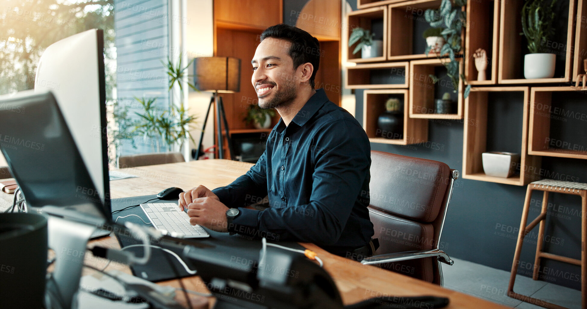 Buy stock photo Business, man and reading in office with computer, legal research and online evidence for court case. Smile, male person or lawyer in workplace with pc, witness testimony and investigation of lawsuit