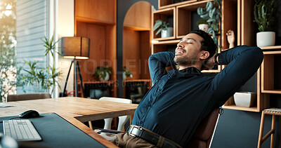 Buy stock photo Relax, happy and businessman in office with completed finance report for investment proposal. Smile, professional and financial manager with calm for finished project with deadline in workplace.