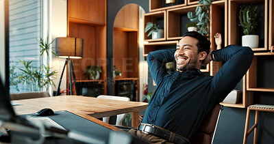 Buy stock photo Relax, smile and businessman in office with completed finance report for investment proposal. Happy, professional and financial manager with calm for finished project with deadline in workplace.