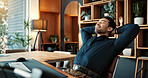 Stretching, happy and businessman in office with completed finance report for investment proposal. Relax, professional and financial manager with calm for finished project with deadline in workplace.