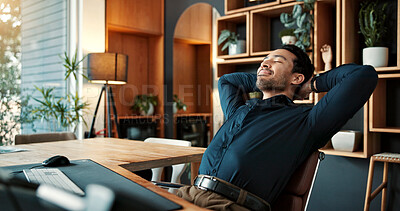 Buy stock photo Stretching, happy and businessman in office with completed finance report for investment proposal. Relax, professional and financial manager with calm for finished project with deadline in workplace.