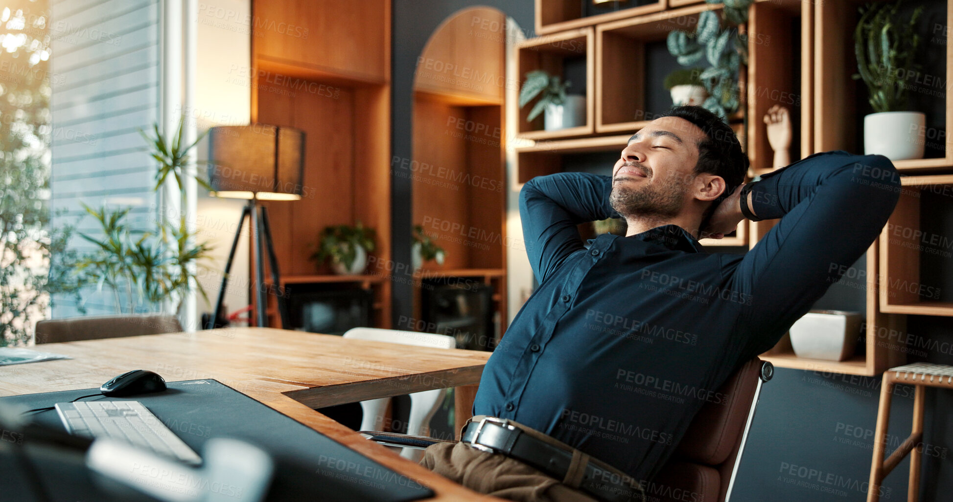 Buy stock photo Stretching, happy and businessman in office with completed finance report for investment proposal. Relax, professional and financial manager with calm for finished project with deadline in workplace.