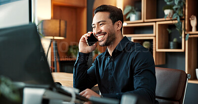 Buy stock photo Business, man and phone call in office with computer, research and buyer approval for real estate. Smile, male realtor and mobile in workplace with tech, positive feedback and negotiation for auction