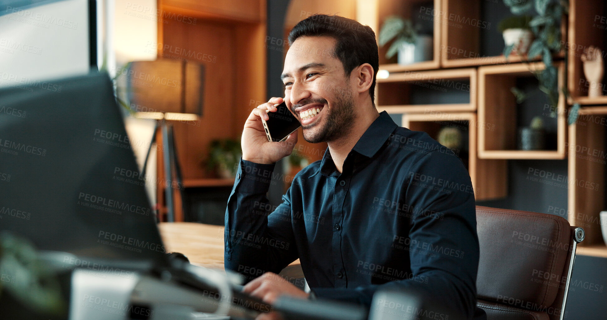 Buy stock photo Business, man and phone call in office with computer, research and buyer approval for real estate. Smile, male realtor and mobile in workplace with tech, positive feedback and negotiation for auction