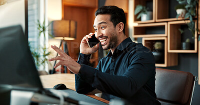 Buy stock photo Corporate, man and phone call in office with computer, research and buyer approval for real estate. Smile, male realtor or mobile in workplace with tech, positive feedback and negotiation for auction