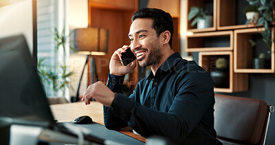 Buy stock photo Smile, man and phone call in office with computer, online price and buyer approval for real estate. Happy, male realtor and mobile in workplace with pc, positive feedback and negotiation for auction