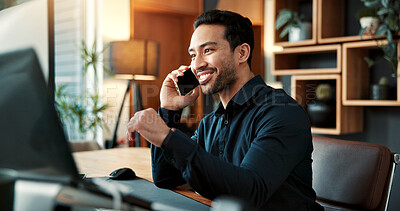 Buy stock photo Happy, man and phone call in office with computer, online price and buyer approval for real estate. Smile, male realtor and mobile in workplace with pc, positive feedback and negotiation for auction