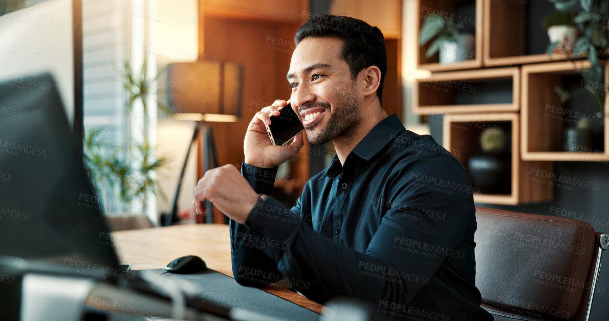 Buy stock photo Happy, man and phone call in office with computer, online price and buyer approval for real estate. Smile, male realtor and mobile in workplace with pc, positive feedback and negotiation for auction
