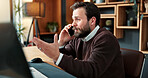 Phone call, stress and businessman in office with communication on stock market crash for investment. Cellphone, contact and financial manager on mobile discussion for bad review on finance report.