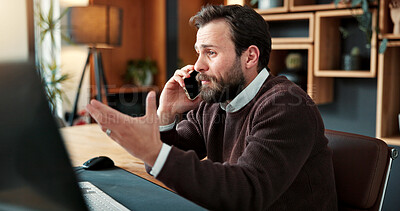 Buy stock photo Phone call, stress and businessman in office with communication on stock market crash for investment. Cellphone, contact and financial manager on mobile discussion for bad review on finance report.