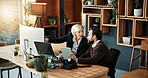 Business, feedback or people in firm with computer, funding idea or teamwork on sales pitch. Brief, digital or finance advisor with tablet, budget report or partnership review on investment proposal.