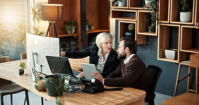 Buy stock photo Business, feedback or people in firm with computer, funding idea or teamwork on sales pitch. Brief, digital or finance advisor with tablet, budget report or partnership review on investment proposal.