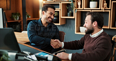 Buy stock photo Happy, businessman and handshake with agreement in office for business deal or partnership together. Male people, employees or shaking hands with smile for teamwork, collaboration or b2b in workplace